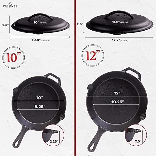 Image of Cast Iron Skillet Set with Lids - 10 inch+12 inch-inch Pre-Seasoned Covered Frying Pan Set + Silicone Handle and Lid Holders + Scraper /Cleaner - Use Indoor /Outdoor, Oven, Stovetop, Fire, BBQ Kitchen Cookware