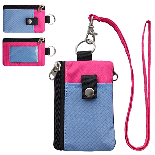 CHENSPRX Minimalist RFID Blocking Small Wallet with ID Window WaterResistant Zip Id Case Wallet with Lanyard Keychain for Cards Cash Travel Women Men (LightSkyBlue+DeepPink)