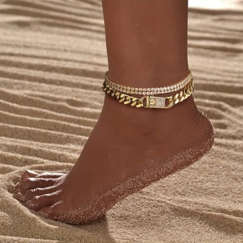 14K Gold Anklets for Women Waterproof Rhinestone Ankle Bracelet Layered Cuban Link Chain Diamond Anklet Beach Jewelry for Women2