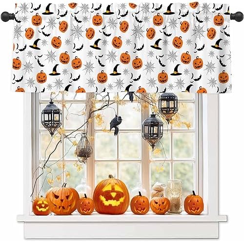 Nextchange Halloween Valances Windows Curtain Pumpkin with Witch Hat Short Curtains with Rod Pocket Valance Drapes Farmhouse Window Treatment for Living Room Kitchen 54″ X 18″