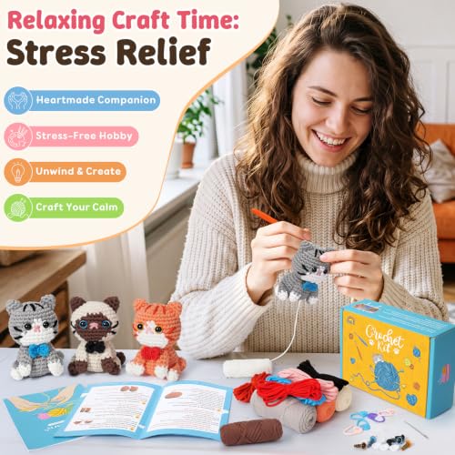 Image of Fortuning's JDS Crochet Kit for Beginners, 3 Cat Crochet Animal Kit Starter | w / Step-by-Step Video Tutorials, Beginner Crochet Kit for Adults, Bow-Wearing Cat Crochet Set, Crochet Gifts for Cat Lovers