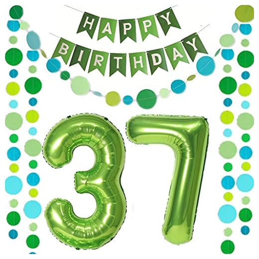 2 globos con el número 37 verde + guirnalda Happy Birthday + guirnalda verde para 37 cumpleaños, decoración de cumpleaños para hombres y mujeres, 37 años, 37 globos para 37 cumpleaños