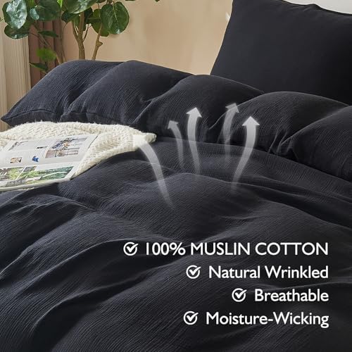 Image of EMME Muslin Cotton Duvet Cover Set Black Queen Size Linen Like Soft Breathable Lightweight Summer Comforter Cover Set with Zipper Closure (Black, Queen, 90 inchx90 inch)