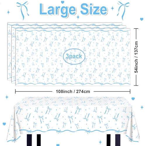 Image of Avezano 3 pcs Blue Bow Tablecloths 108x54 inch Bow Birthday Decorations Blue Coquette Bow Plastic Table Cover Disposable Bachelorette Party Supplies