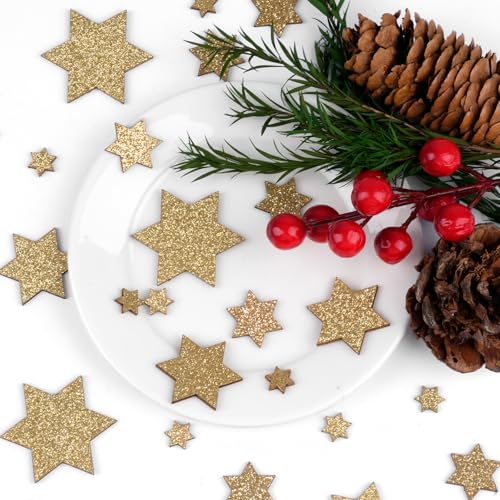 50 Stück Holzsterne Streudeko Glitzer Sterne, 4 Größen Holz Basteln Konfetti, Sterne Tischdeko Weihnachten für Hochzeit, Geburtstag Party, Jubiläum Tisch Deko (Gold 6 Eckig)