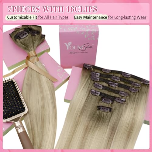 Image of YoungSee Blonde Clip in Hair Extensions 12 Inch Short Human Hair Clip ins Extensions Ash Blonde Balayage Platinum Blond, Easy to Wear at Home, Clip in Extensions Real Human Hair for Beginners 7Pcs 85G