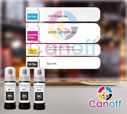 Image of CANOFF 011 /012 Black Color Refill Ink Bottle | Premium Photo Ink for Sharp & Vibrant Prints | Compatible with Epson L8180, L8160 & 012-Series Photo Models (011 Black 3pc.)