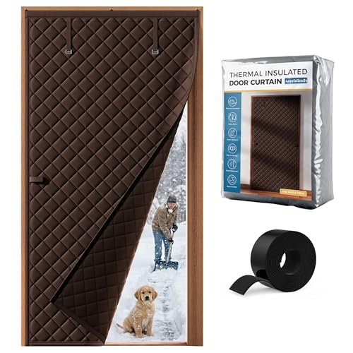 Image of Augblinds Thermal Insulated Door Curtain Fits Door Size 38 x 83 Inch, Oxford Cloth Thicken Cotton Filled, Curtain Size 41 inch x 85 inch, Single Piece Door Insulation Blanket Cover for Cold in Winter, Brown
