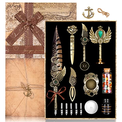 Antique Mechanical Gear Feather Pen Calligraphy Pen Set, Quill Pen Ink Set, Beginner Calligraphy Pen Quill pen, Wax Seal Stamp Kit, Calligraphy Copybook,Suitable for beginners/calligraphy lovers.