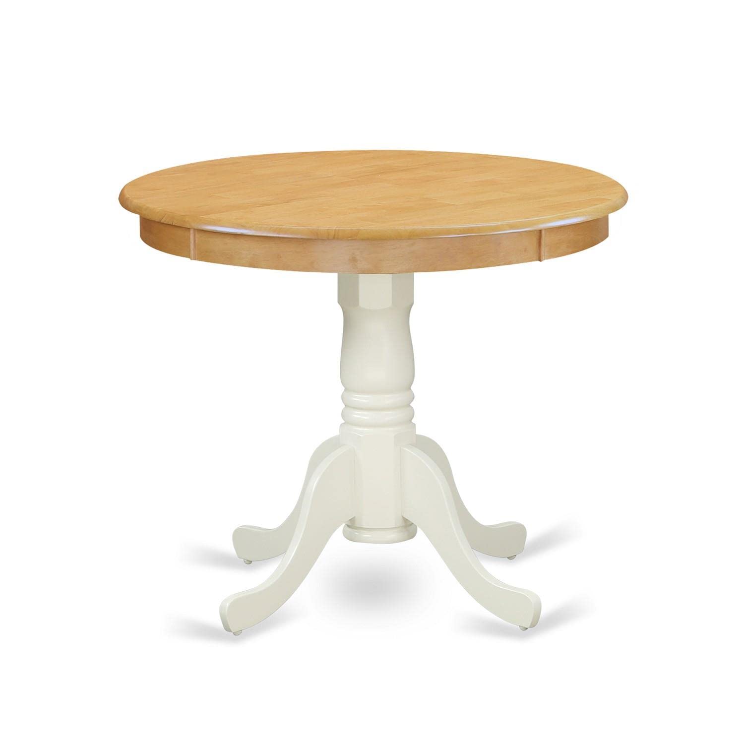 East West FurnitureANT-OLW-TP Antique Kitchen Dining Table - a Round Wooden Table Top with Pedestal Base, 36x36 Inch, Oak & Linen White