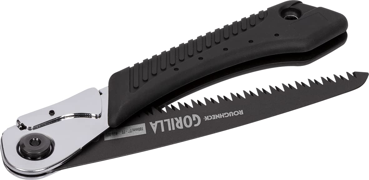 Scie d'élagage pliante Roughneck Gorilla Fast Cut avec lame de 180 mm, denture triple affûtée et revêtement PTFE, acier chromé, verrouillage de sécurité, œillet pour dragonne et étui