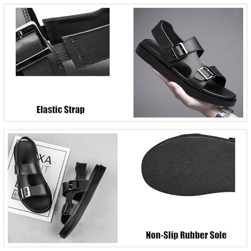 Men's Genuine Leather Platform Two Band Slingback Casual Sandals With Adjust Metal Buckle Fashion Elastic Back Strap Round Open Toe Thick Cushion Soft Slip On Outdoor Walking Sandals For Leisure Daily3