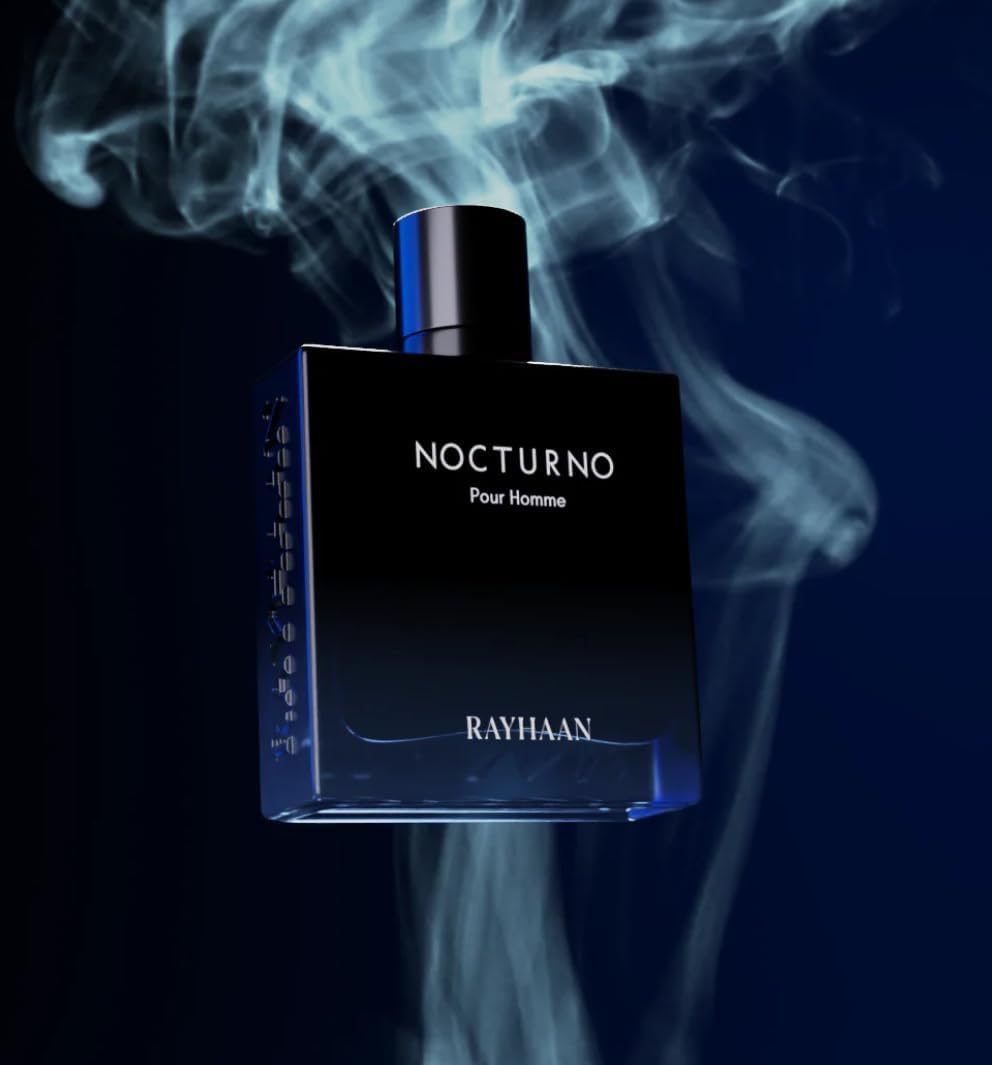 RAYHAAN Nocturno Pour Homme Eau de Parfum, Herrenduft, Flasche aus Glas, Schwarz und Blau