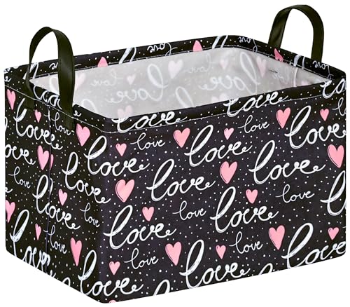 Image of Rectangle Gift Storage Basket Home Shelf Storage Basket Organizer Box Clothes Laundry Hamper Nursery Basket Laundry Basket with Handles (Black Love)
