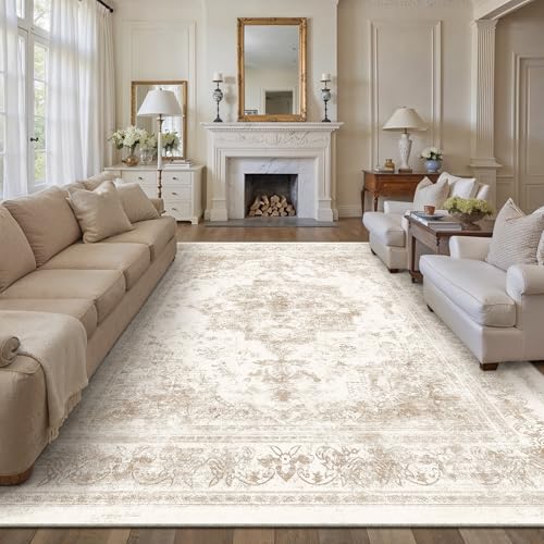 HUGEAR Vintage Creme Waschbarer Teppich Wohnzimmer 300x400cm Retro Rugs for Living Room Weich rutschfest Groß Tepich Kurzflor Schlafzimmer Carpet Living Room Bedroom Esszimmer Teppiche Büro
