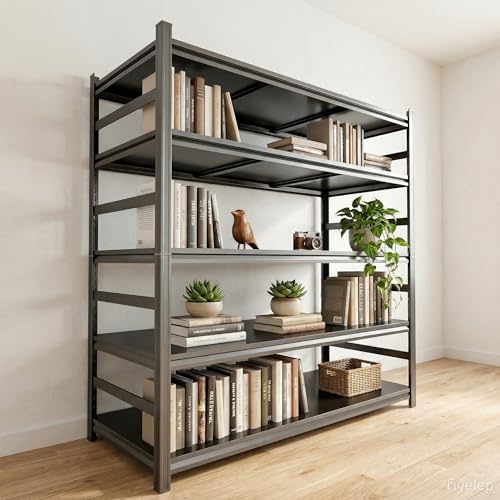 Image of 5 Tier Bookshelf, Large Industrial Metal Shelving, Heavy Duty Storage Shelves For Books And Display. Adjustable Open Standing Book Shelf For Living Room, Bedroom, Office, Black 47.2 inchWx23.6 inchDx87.9 inchH