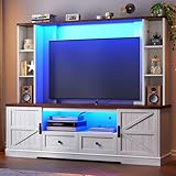 Entertainment Center with 2 LED Lights & Power Outlets, Large Farmhouse Wall Unit Entertainment Center for 60 Inch Television Stand, TV Stands for Living Room with Storage Shelf, White
