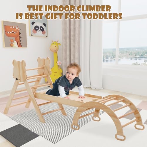 Image of Pikler Triangle Set for Toddlers 7in1 Foldable Climbing Toys for Kids ,Wooden Montessori Climb Set with Arch&Ramp&Ladder Baby Climbing Gym Toys 3+Years