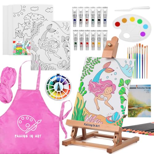 COOZEE Easel Set, 44-teiliges Malset mit Tischstaffelei, Acrylmalerei-Starterset mit 12 Acrylfarben, 12 Buntstiften, Pinseln, Leinwandplatten und...