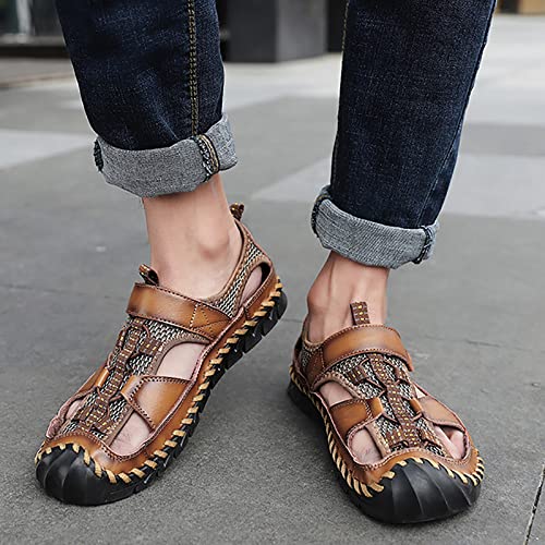 MILDSEVEN Men's Closed Toe Casual Sandals, Large Size Handmade Hiking Sandals, Real Leather Fashion Backpacking Beach Shoes,7,Brown4