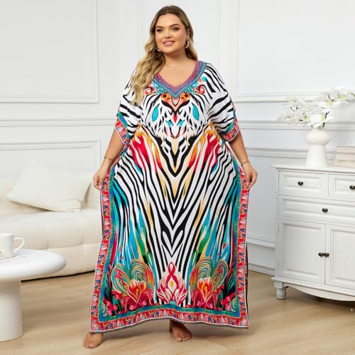 Image of KECVOT Kaftan Dresses for Women V-Neck Print Swimsuit Cover Up Plus Size Beach Caftan Lounge Dress
