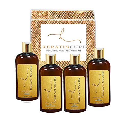 Keratin Cure Best Hair Treatment Gold and Honey Bio Protein Silky Soft Hair Kids, Men, Women Formaldehyde Free Complex with Argan Oil Nourishing Straightening Damaged Dry Frizzy Coarse Kit (4 oz Kit)