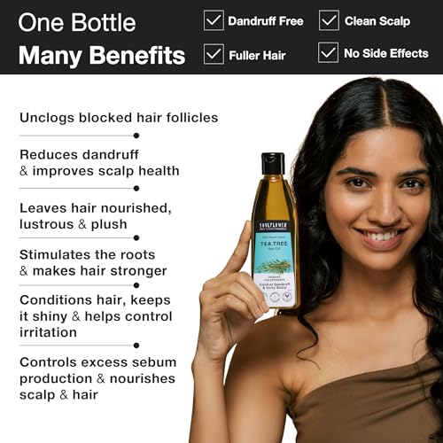 Image of Soulflower Tea Tree Hair Oil | Hair Growth, Scalp Nourishment, Anti Dandruff | Pure, Natural, & Cold Pressed | Tea Tree Essential Oil, Castor, Sesame, Olive & Jojoba Oil | 120ml