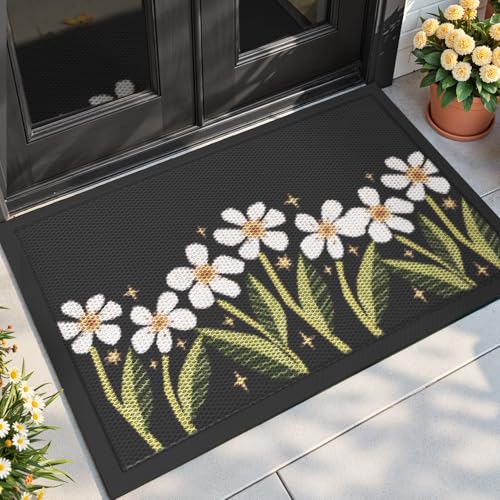 DEXI Front Door Mat Outside Entrance, Spring Entryway Doormat Dirt Trapper, Heavy Duty Non Slip Entry Mats for Patio Garage Porch Home Decorative, 32x48, Black