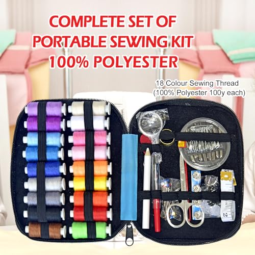 Image of Sewing Kit with Case Portable Sewing Supplies for Home Traveler, Adults, Beginner, Emergency, Contains 18 Sewing Thread, Scissors, Needles, Measure etc,Medium Electric Blue