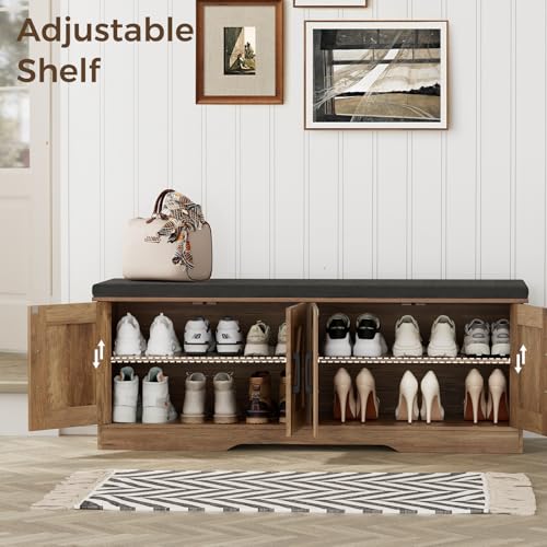 Image of HOMSHO Farmhouse Shoe Storage Bench with 4 Barn Doors & Padded Seat Cushion | 47.2 inch Wide Entryway Bench with Adjustable Shelves & Hidden Storage, Rustic Walnut