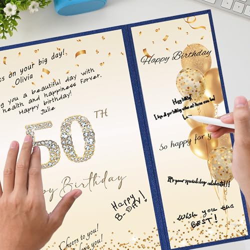 Image of DARUNAXY Blue Gold Happy 50th Birthday Alternative Signature Guest Book