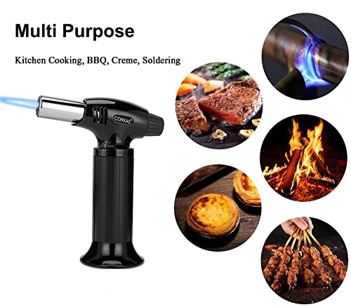 CORKAS Butane Torch, Professional Culinary Blow Torch Lighter with Safety Lock, Continuous Flame Mode and MAX 1300°C/2372°F for Kitchen Cooking, BBQ, Creme, Soldering, DIY ( Gas Not Included)