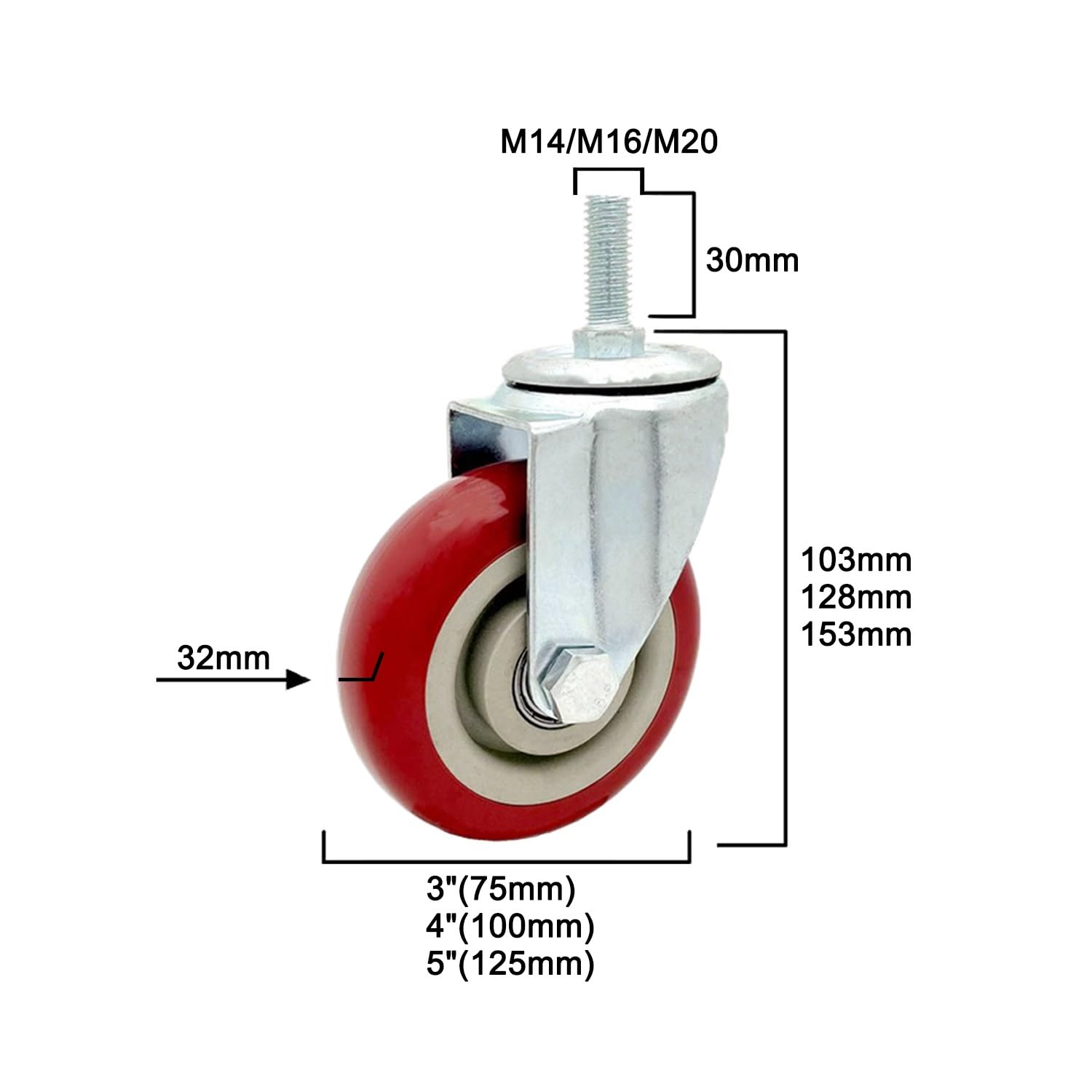 Ruote con Stelo Filettato M14/M16/M20, 75/100/125 mm Ruote Girevoli in PU Industriali, 2 con Freno, 2 senza, Set di 4, Rotelle di Ricambio per Mobili(4inch,M20*30mm)