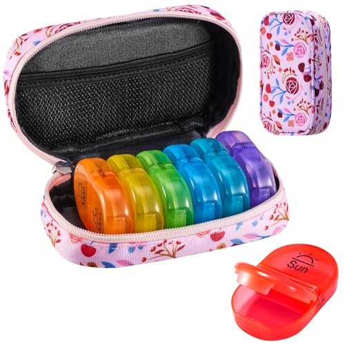 Image of Serfeymi Weekly Travel Pill Organizer 2 Times A Day AM PM Upgraded Rainbow Pill Box 7 Day with Portable Zipper Canvas Pill Case, Medicine Organizer for Pills, Vitamins, Fish Oils - Pink 01
