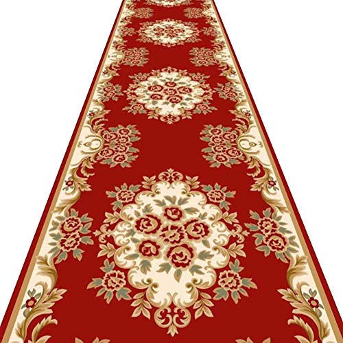 Tapis de passage moderne rouge fleurs en polyester résistant au piétinement
