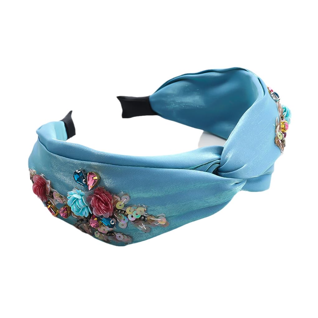 Diademas de tela con diamantes de imitación para mujer, banda de pelo anudada lateral ancha, accesorios para el cabello, color azul