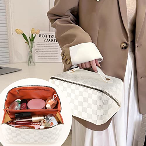 Leicurace Large Capacity Makeup Organizer Bag, A Cosmetic Bag For Women And Girls, Makeup Brush Bag, Travel Makeup Bag, Checkered Makeup Bag, Best Makeup Bag For Travel(White) #TOP5