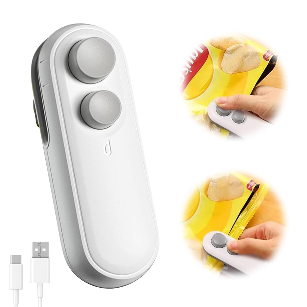 2 in 1 Mini Bag Sealer for Sealing and Cutting, 2025 New Portable Rechargeable Handheld Vacuum Food Sealer Bag Sealing Machine for Chips Snacks Plastic Bags Fresh Storage (White)