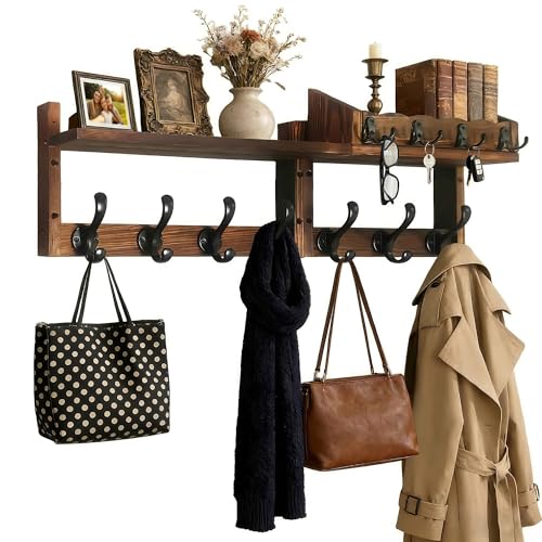 AJIEQAQ Wandgarderobe aus Holz für die Wand mit Ablage (67x22 5x11cm) 4-in-1 Garderobenleiste mit 11 Metallhaken & Schlüsselbrett Hakenleiste für Flur Schlafzimmer Bad Rustikales Braun