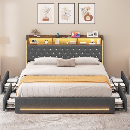 YITAHOME Queen Size Bed Frame with Storage Drawers, LED Bed Fram with Button Tufted Headboard, Upholstered Bed Frame with Charging Station and USB Port, No Box Spring Needed, Grey with Stora