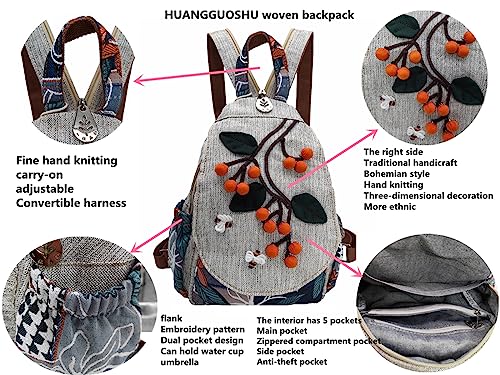 Image of Womens Cotton Hemp Cloth Backpack Boho Vintage Embroidered Casual Purse Handbags Messenger Bag Litchi