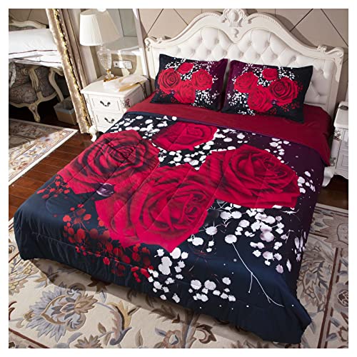 AITAZZ Comforter Sets Queen Size Red Rose Romantic Wedding Bedding Set 3D Red Floral Bedding Quilt for Woman Lady Girls Wedding Decorations - Includes 1 Comforter, 2 Pillowcase