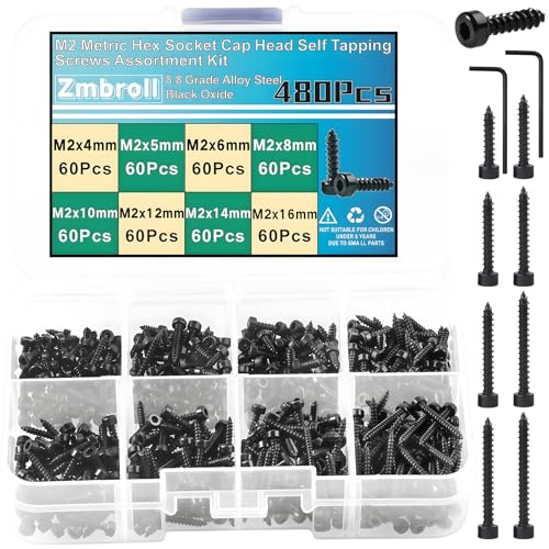 480Pcs M2 Hex Socket Cap Head Self Tapping Screws M2x4/5/6/8/10/12/14/16mm Black Socket Self Drilling Screw Allen Head Sheet Metal Bolts Hex Drive Wood Screws Assortment Kit