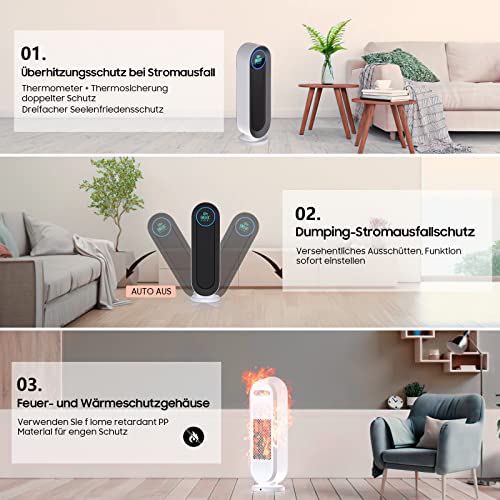 Iceagle Verwarmingsventilator, energiebesparend, stil, elektrische verwarming, 2000 watt, met afstandsbediening, PTC-keramische ventilatorkachel met 3 warmtestanden, 110 graden oscillatie, oververhittings- en kantelbeveiliging, 1-12 uur timer - Afbeelding 7