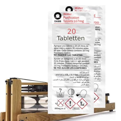 Chlortabletten für Water Rower Rudergerät 20x Tabletten Oasis Chlor Tabletten Beseitigt Algen Bakterien und Viren (2 Jahresbedarf pro Tablette 25L entkeimtes Wasser)