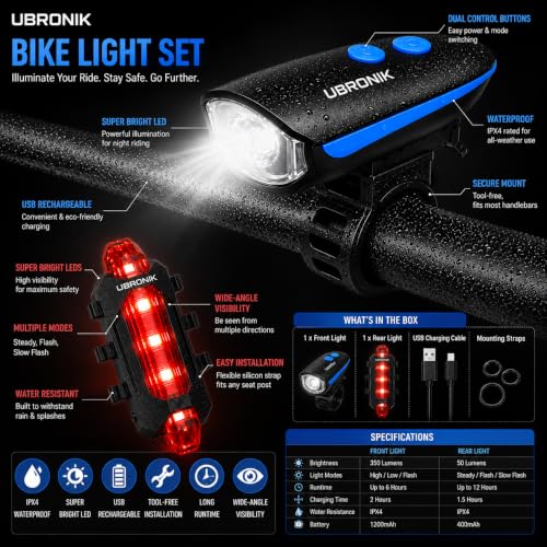 Image of Waterproof Bicycle Set of LED Front Cycle Light Horn with LED Tail Back Light (Multicolor)