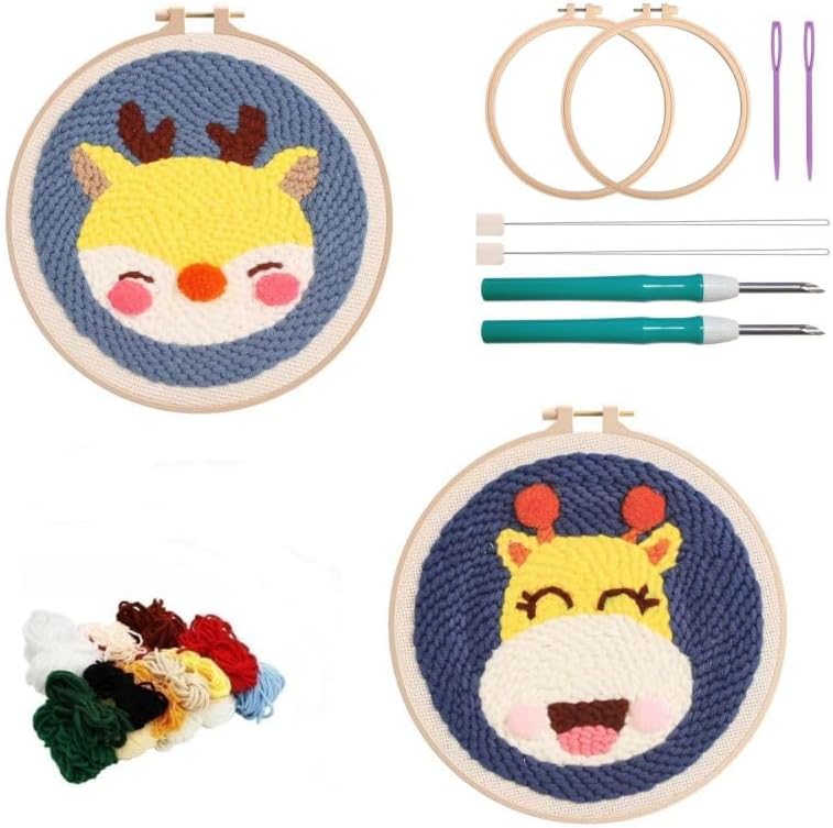 2 Pack Easy Punch Needle Embroidery Rhinoceros,Deer Starter Kits for Kids and Adults Beginners with Punch Needle Tool,Threader, Stamped Fabric Embroidery,Hoop,Pen, Punch Needle Kits
