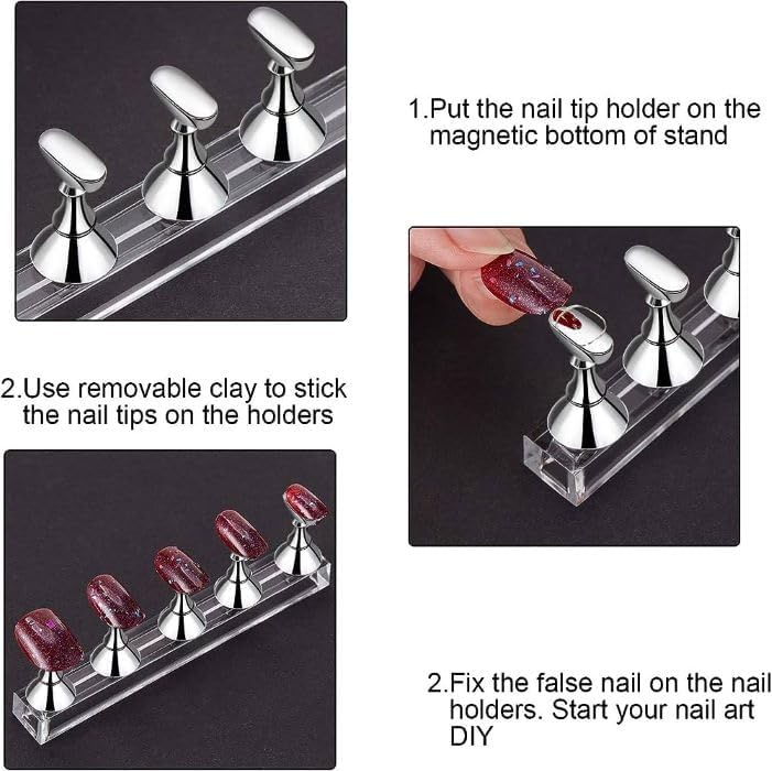 Acrylic Nail Art Display Stand - 1 Set Magnetic Nail Tips Practice Holder for False Nail Tip Manicure Tool DIY (Silver) 3