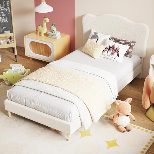 GarveeHome Upholstered Twin Size Bed Frame for Kids with Scallop Headboard, Cute Velvet Twin Bed for Girls, Boys, Sturdy Platform Bed, No Box Spring Needed, Wooden Slats, Noise Free, White