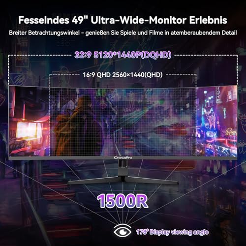 CronusPro 49 Zoll Ultrawide Curved Gaming Monitor, 165Hz, DQHD (5120 x 1440) Höhenverstellbar, 1ms MPRT, AMD FreeSync, 32:9, 4000:1, HDR400, 127% sRGB, 1500R, HDMI*2/DP*2, VESA, PC Bildschirm Schwarz 2